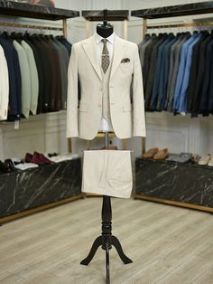 Beige Suits With Notch Lapel And Button Closure, Beige Notch Lapel Suit With Button Closure, Beige Suits With Notch Lapel, Beige Business Casual Suit With Buttons, Fitted Beige Single Breasted Sets, Beige Fitted Single Breasted Sets, Fitted Beige Single-breasted Sets, Beige Fitted Single-breasted Sets, Striped Double Breasted Suit For Business Casual