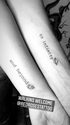 two people with matching tattoos on their arms