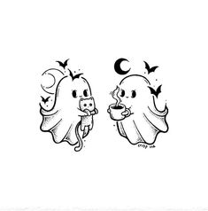 two ghost heads with bats and moon on their foreheads, one is holding a baby