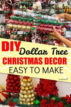 a christmas tree decorated with red and gold ornaments in front of a sign that says diy dollar tree christmas decor easy to make