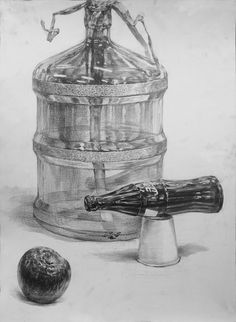 a drawing of an apple and a barrel with a statue on top, sitting next to it