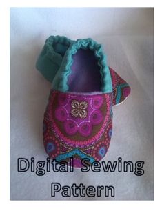 a pair of shoes that are sitting on top of a white surface with the words digital sewing pattern below it