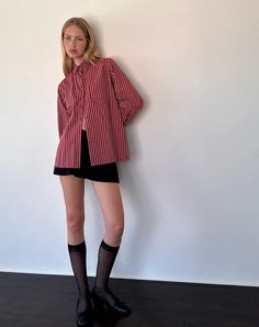 Maroon Stripe Oversized Shirt | Turner – motelrocks-com-us Outfit For A Gig, Red Button Down Shirt Outfit, Red Button Up Shirt Outfit, Striped Button Up Shirt Outfit, Striped Long Sleeve Shirt Outfit, Oversized Button Up Shirt Outfit, Sleeve Shirt Outfit, Gig Outfit, Outfits With Striped Shirts