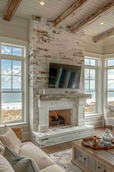 Coastal Fireplace Ideas, Condo Fireplace, Fireplace Between Windows, Sunroom With Fireplace, Beach House Fireplace, Coastal Fireplace, Fireplace Windows, Side Ideas, Family Room Addition