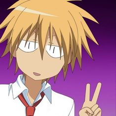 an anime character with blonde hair giving the peace sign