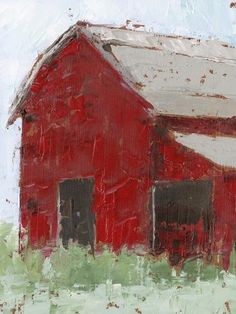 an abstract painting of a red barn