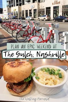 A burger with a side of mac and cheese from Burger Republic and bikes at The Gulch neighborhood in Nashville. Linked to a travel guide on how to Plan An Epic Weekend At The Gulch, Nashville. The Gulch Nashville, Nashville Gulch, Nashville Brunch, Nashville Hotels