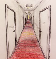 a drawing of an empty hallway with red carpet