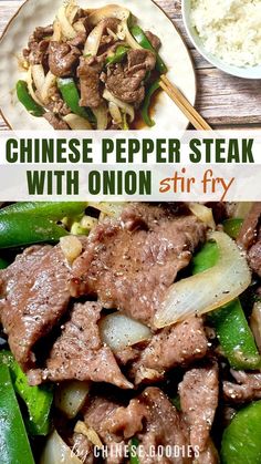 chinese pepper steak with onion stir fry on a white plate and green peppers next to it