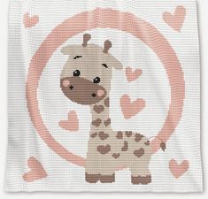 a cross stitch giraffe with hearts in the background