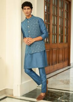 Dutch Blue Jacket Set Dutch Blue, Gents Kurta, Kurta Set For Men, Add Sleeves, Indian Wedding Wear, Wear Store, Blue Mirror, Festive Look, Nehru Jackets