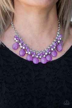 A row of cloudy purple beads gives way to a row of shiny silver beads. Brushed in an opalescent finish, purple teardrops cascade from the bottom of bold interlocking silver chains, creating a dramatically colorful fringe. Features an adjustable clasp closure. Sold as one individual necklace. Includes one pair of matching earrings. P2ED-PRXX-044XX Paparazzi Accessories Jewelry, Emerald Style, Color Violeta, Purple Beads, Trending Necklaces, Purple Necklace, Silver Bead Necklace, Silver Chains, Teardrop Beads