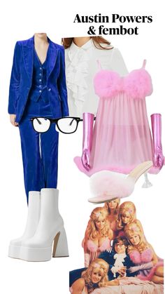 a woman in blue and pink outfit with white boots on her feet next to other items