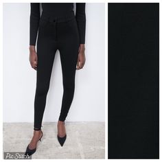 Nwt. Zara Black High-Waisted Leggings With False Front Pockets, Belt Loops, Front Zipper And Button Closure. Size M. Ref 4387/256. Waist 13,5" Flat, Rise 11,5", Inseam 26,5". Do1 Black Slim Fit Elastane Pants, Fitted Black Ankle-length Pants, Black Tight Elastane Bottoms, Tight Black Elastane Bottoms, Versatile Fitted Black Leggings, Versatile Tight Black Pants, Tight Mid-rise Black Pants, Black Fitted Elastane Pants, Black Tight Mid-rise Pants