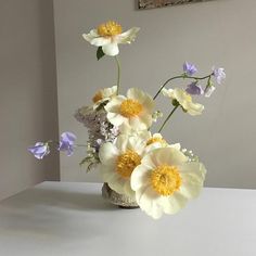 a vase filled with white and yellow flowers