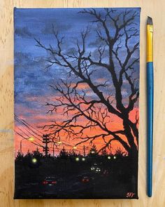 a painting of a sunset with trees in the foreground