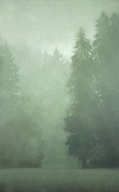 an oil painting of trees in the fog