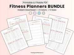 the printable and fillable fitness planner bundle is shown in four different colors, including pink