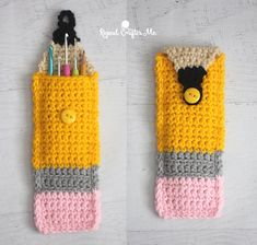 two crocheted cell phone cases with pens and pencils in them