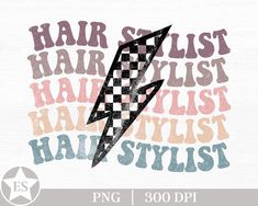 the words hair stylist have been made into an image with a lightning bolt