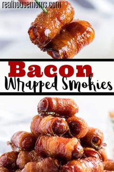 bacon wrapped smothies stacked up on top of each other with the words bacon wrapped in