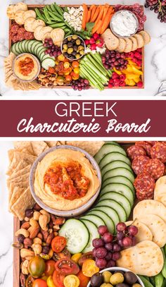 the greek charcutete board is full of different types of food