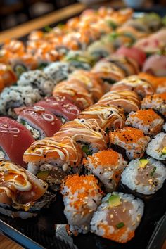 many different types of sushi are on display