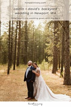 a bride and groom standing in the woods with text overlaying them that reads,