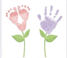 two handprints with leaves on them and one has a baby's foot