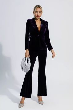 Aleena Purple Velvet Blazer Set Estate Aesthetic, Purple Velvet Blazer, Glitter Wedding Dress, Casual Outfit Inspiration, Velvet Trousers, Bandage Midi Dress, Slim Fit Blazers, Blazer Set, Suit Women