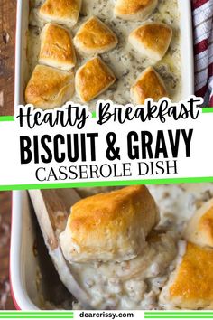 biscuits and gravy casserole dish with text overlay that reads healthy breakfast biscuit & gravy casserole dish