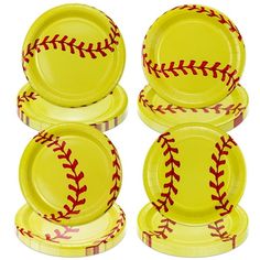 four yellow plates with red stitches and baseballs on the rim, all in different sizes