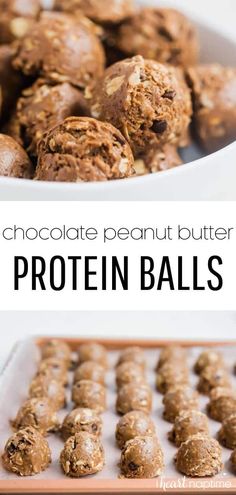 chocolate peanut butter protein balls in a white bowl