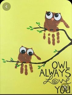 two owls sitting on a branch with the words owl always love you painted on it