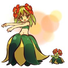 a drawing of a woman in a green and yellow dress with flowers on her head