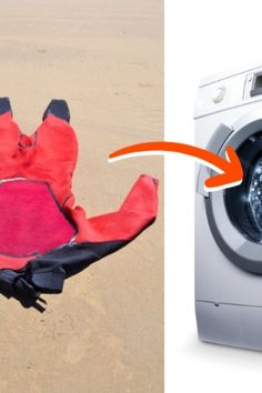 an open washing machine next to a red and black towel on the beach with text overlay