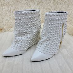 Lust For Life - Battle Genuine Leather Studded Silhouette. Spiky Style Features A Back And Side Zip, Pointed Toe And 4 1/4 Inch Wedge. Pull On Boot Decorative Zippers Unique Fun Style Definite Eye Catchers! White Leather High-top Wedge Boots, White Leather Wedge Boots With Round Toe, White Leather High Heel Wedge Boots, White Leather Wedge Heel Boots, White Leather Wedge Boots, Beige Wedge Sandals, Beige Wedges, Lust For Life, Cork Wedges Sandals