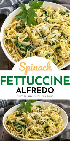 spinach fettuccine alfredo in a white bowl with parsley on top