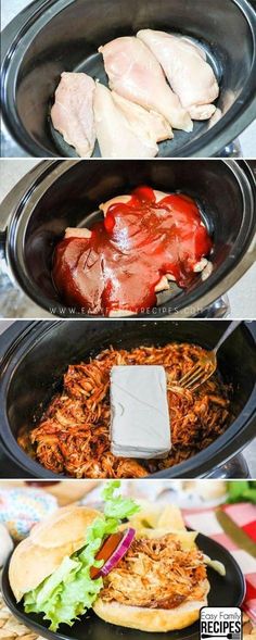 four different types of food being cooked in slow cookers