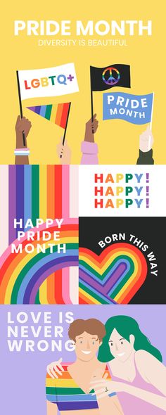 the pride month poster is shown in four different colors