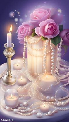 a cake with pearls and roses on it next to a lit candle in the middle