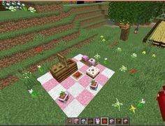 Picnic In Minecraft, Minecraft Building Ideas Picnic, Pink Things To Build In Minecraft, Picnic Basket Minecraft, Cute Things To Make On Minecraft, Cute Minecraft Date Builds, Cute Minecraft Builds Couples, Cute Minecraft Couple Ideas, Farm Decor Minecraft