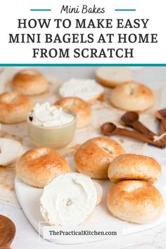 mini bagels on a white plate with cinnamon sticks and whipped cream in the background