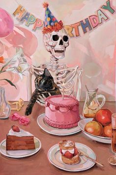 a painting of a cat sitting in front of a birthday cake with a skeleton on it