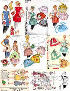 vintage sewing patterns for women's aprons and dresses from the 1950's