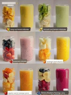 many different types of smoothies in jars with fruit inside and outside the jars,