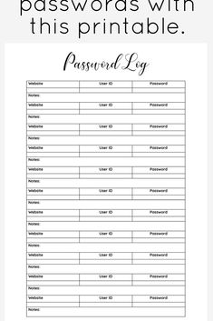 a printable passport log with the words,'passwords with this printable '