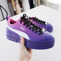 Puma X Bratz Purple/Pink, Round Toe, Lace Up, ‘Mayze’ Platform Sneakers In Color, ‘Prism Violet-Spring Crocus’. Leather Upper Construction With An Ombr, Gradient Design. Sleek Co-Branding Detailing Throughout. Lace Up Closure With Silvertone Bejeweled, Rhinestone Brand Plate Accent. Rubber Platform, Traction Sole. Padded Tongue & Collar. Additional Purple Laces Included. Size Us 7 / Uk 4.5 / Eur 37.5. New In Box. Sold Out/Deadstock - This Size Currently Retailing For $2,255 On Goat. Leather & Ot Womens Holographic And White Puma Sneakers, Luxury Purple Sneakers, Lilac Puma Sneakers, Purple Shoes Sneakers & Athletic, Trendy Shoes Sneakers Purple, Cool Purple Sneakers, Custom Sneakers Puma, Bratz Purple, Spring Crocus