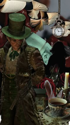 a man in a green hat and top hat next to a clock