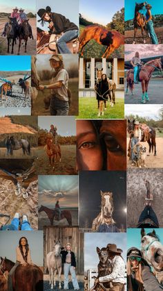 a collage of photos with horses and people in the middle one has a cowboy hat on